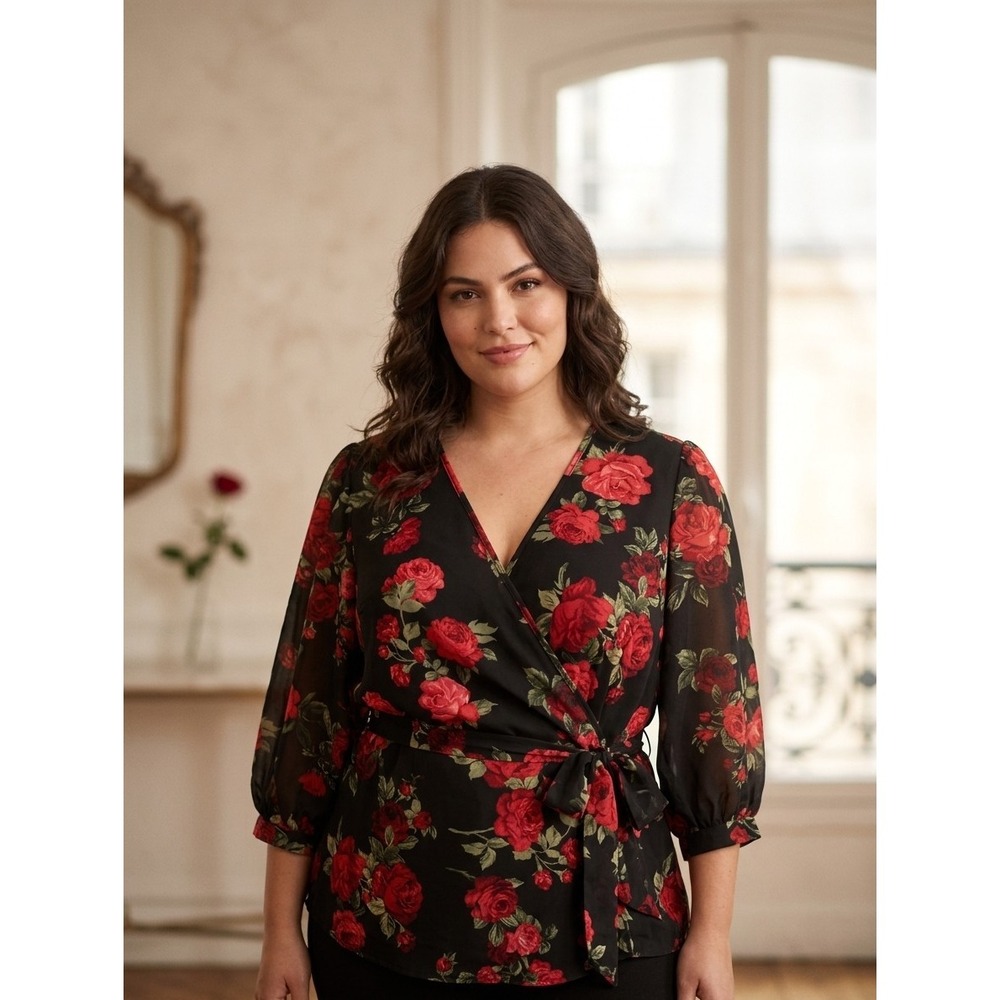 Per Seption Top 2X Romantic Faux Wrap Floral Black Red Sheer Sleeve Top Stretch